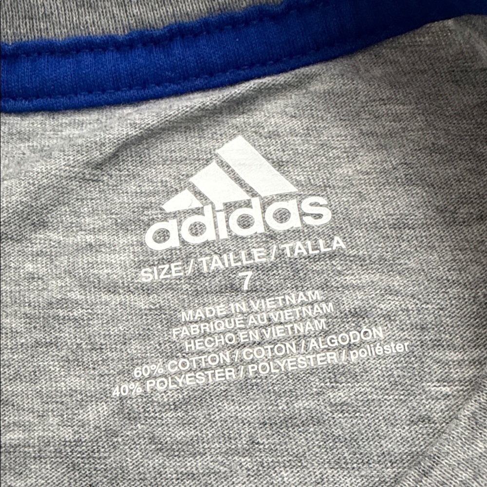 adidas Gray Tee with Multicolor Logo & Royal Blue Shorts Size 7 - Picture 2 of 7